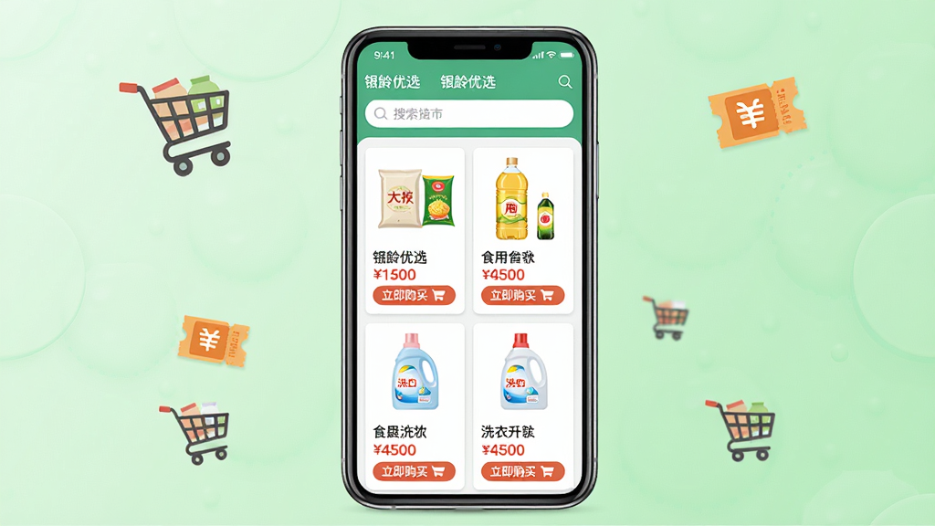 主体:一部智能手机屏幕展示银龄优选惠民超市页面,页面顶部有搜索栏,下方商品列表包含大米、食用油、洗衣液等日用品,每个商品卡片显示图片、名称和价格。布局:手机居中摆放,屏幕朝向观众,背景为淡绿色渐变,四周点缀小推车、优惠券图标。排版:界面布局清晰,商品卡片整齐排列,价格标签醒目。风格:扁平化设计,色彩明快,贴近真实应用界面。细节:屏幕中可见“银龄优选”应用名称,价格用红色标注,下方有“立即购买”按钮。画质:高清,干净,无多余元素。