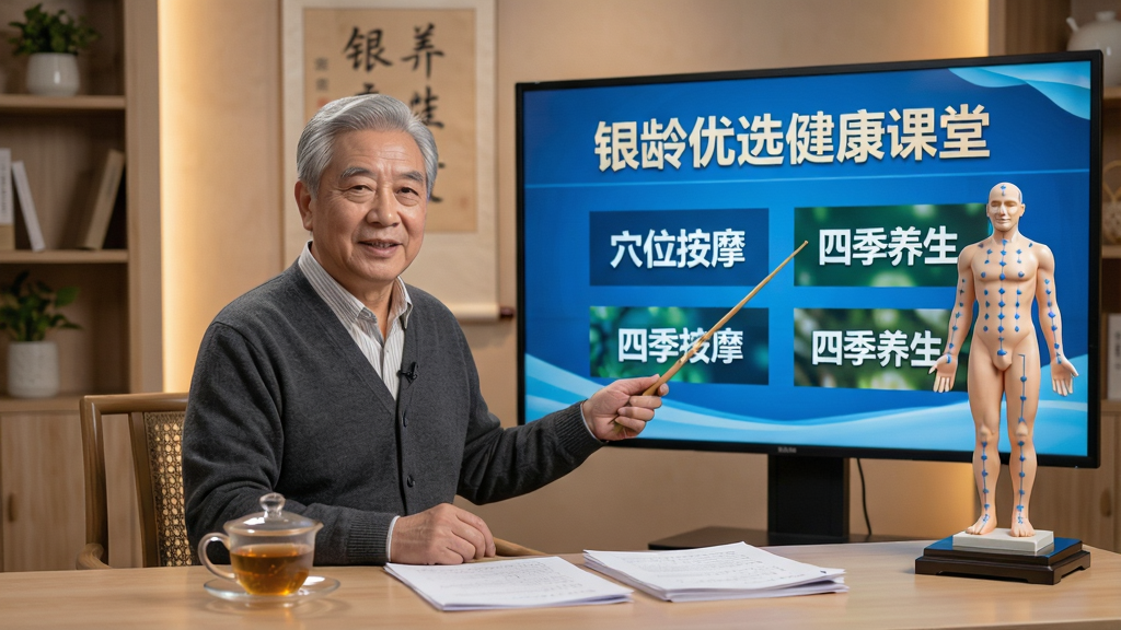 主体:一位和蔼的中医养生专家在演播室内讲解养生知识,背后大屏幕显示“银龄优选健康课堂”字样,旁边摆放人体穴位模型。布局:专家位于画面中央稍偏左,右侧为屏幕和模型,前景有一张桌子,上面放着茶杯和讲稿。排版:画面层次分明,专家表情自然,屏幕内容清晰可辨。风格:写实摄影风格,光线柔和,色调温暖。细节:专家手持教鞭指向屏幕,屏幕上可见“穴位按摩”“四季养生”等关键词。画质:超清,干净,无多余元素。