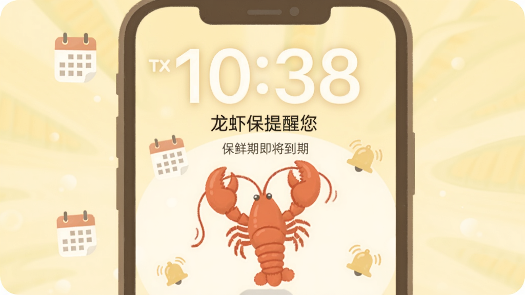 主体为一个手机闹钟界面与龙虾图案的结合,手机屏幕上方显示大大的时间数字,下方有一个红色龙虾图标在跳动,周围环绕着日历和铃铛的小图标,布局为手机屏幕居中,背景是淡黄色暖光,风格为插画风格,细节呈现屏幕上的文字