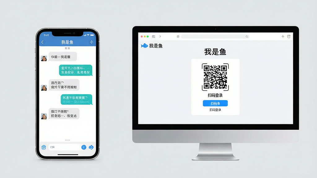 主体:手机和电脑并排展示“我是鱼”应用,手机屏幕上显示聊天界面,电脑屏幕上显示网页版登录二维码。布局:手机在左,电脑在右,背景为浅灰色。排版:画面整洁,突出“我是鱼”的跨平台特性。风格:写实风格,光线柔和。细节:手机界面有气泡消息,电脑屏幕有二维码和“扫码登录”字样。画质:高清,干净,无多余元素。