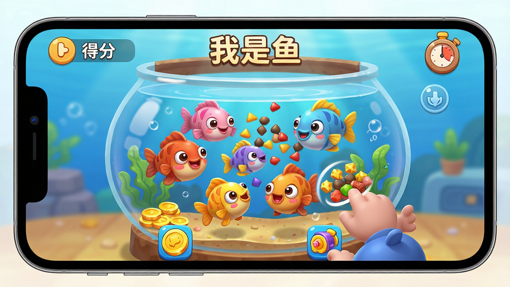 主体:手机屏幕展示“我是鱼”内置的“喂鱼大作战”游戏界面,画面中央有一个大鱼缸,玩家需要点击屏幕投喂鱼食,鱼缸中的鱼会争抢食物。布局:游戏界面占据屏幕大部分,左上角显示得分,右上角显示倒计时。排版:色彩鲜艳,食物颗粒明显。风格:Q版卡通风格,动态效果丰富。细节:鱼缸底部有金币和道具图标,鱼儿表情可爱。画质:高清渲染,干净,无多余元素。