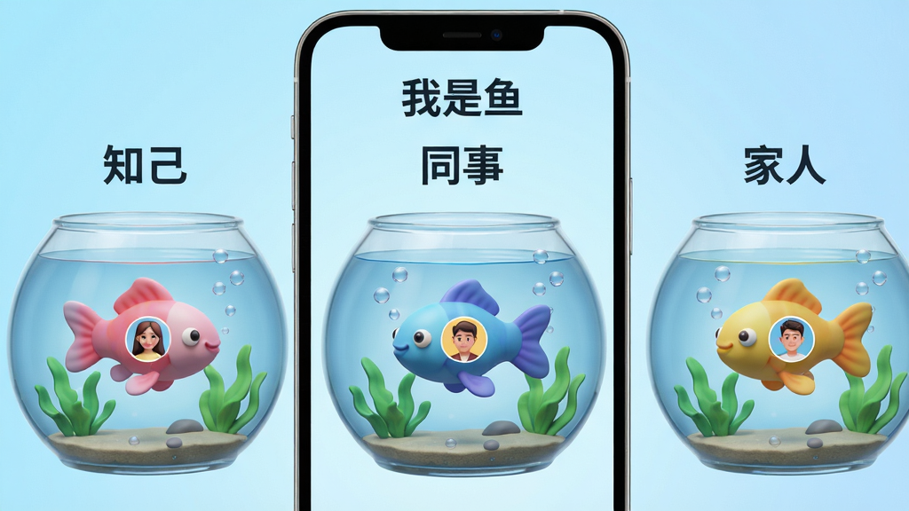 主体:手机界面展示“我是鱼”的智能分类功能,屏幕上显示多个透明玻璃鱼缸,每个鱼缸里游着不同颜色的小鱼,鱼缸上方标注分类名称,如“知己”“同事”“家人”。布局:鱼缸横排排列,手机屏幕居中,背景为浅蓝色渐变。排版:分类名称清晰,小鱼动态效果显著。风格:3D卡通渲染,色彩明亮。细节:每条小鱼身上有好友头像缩略图,鱼缸底部有水草和气泡。画质:超清,干净,无多余元素。
