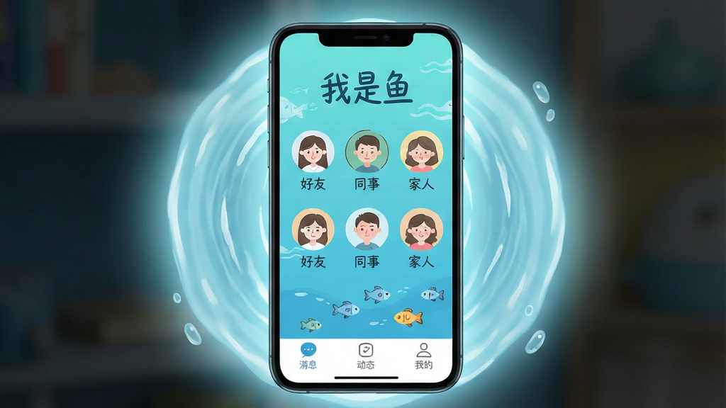 主体:手机屏幕展示“我是鱼”APP主界面,界面以清新的水蓝色为主色调,主界面有多个圆形头像排列,头像旁标注“好友”“同事”“家人”等分类标签。布局:手机居中,屏幕内容清晰可见,周围有柔和的光晕和水波纹装饰。排版:简洁明了,突出APP名称“我是鱼”字样。风格:扁平化、清新手绘风。细节:每个头像下方有小鱼图标游动,界面底部有“消息”“动态”“我的”三个导航图标。画质:高清渲染,干净,无多余元素。