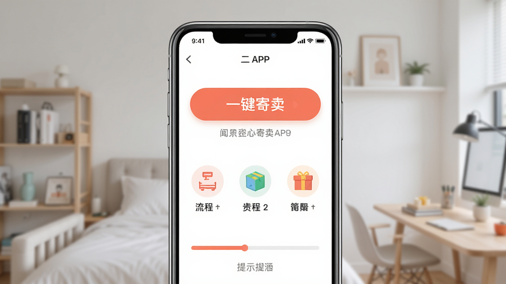 展示只二APP内寄卖流程界面,主体为手机屏幕,屏幕中显示“一键寄卖”按钮与流程步骤图标,布局居中,排版清晰,风格扁平化,细节包含进度条与提示文字,画质干净明亮