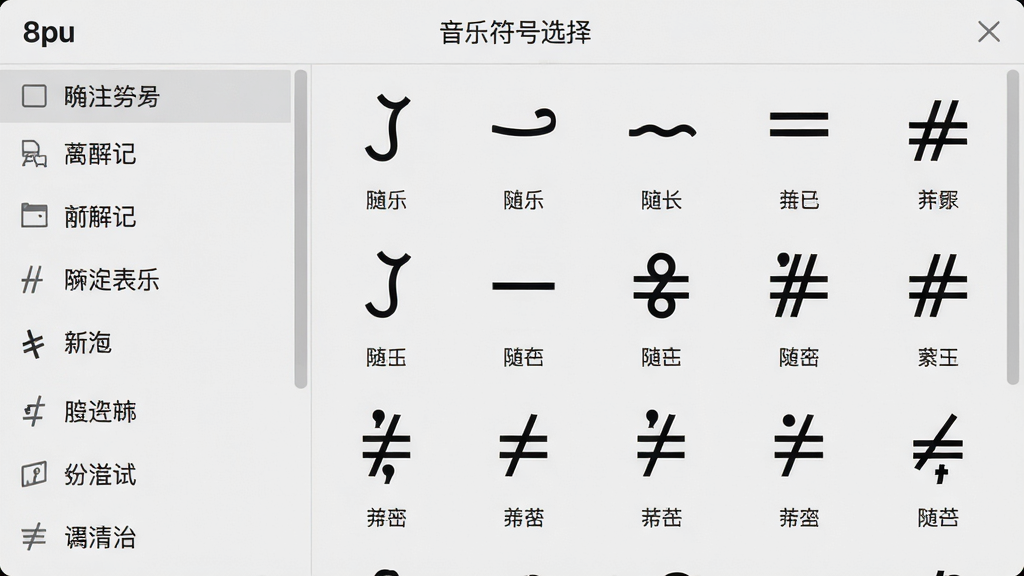 主体:8pu软件的音乐符号选择面板。布局:左侧为分类列表,右侧为符号网格展示。排版:符号以线性图标形式排列,界面背景为浅灰色。风格:简洁工具型UI,图标线条流畅。细节:展示出颤音记号、延长记号、升降号等符号,每个图标下方有中文名称标注。画质:超清,干净,无多余元素。