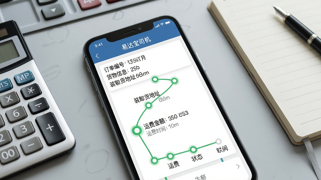一张手机界面设计图,屏幕中显示“易达宝司机”运单详情页,包含订单编号、货物信息、装卸货地址、运费金额和状态时间轴。界面布局采用上下结构,时间轴用绿色圆点和连线表示,背景为浅灰色工作台,桌面有计算器和笔记本,整体风格商务简洁,画质清晰,无多余元素。