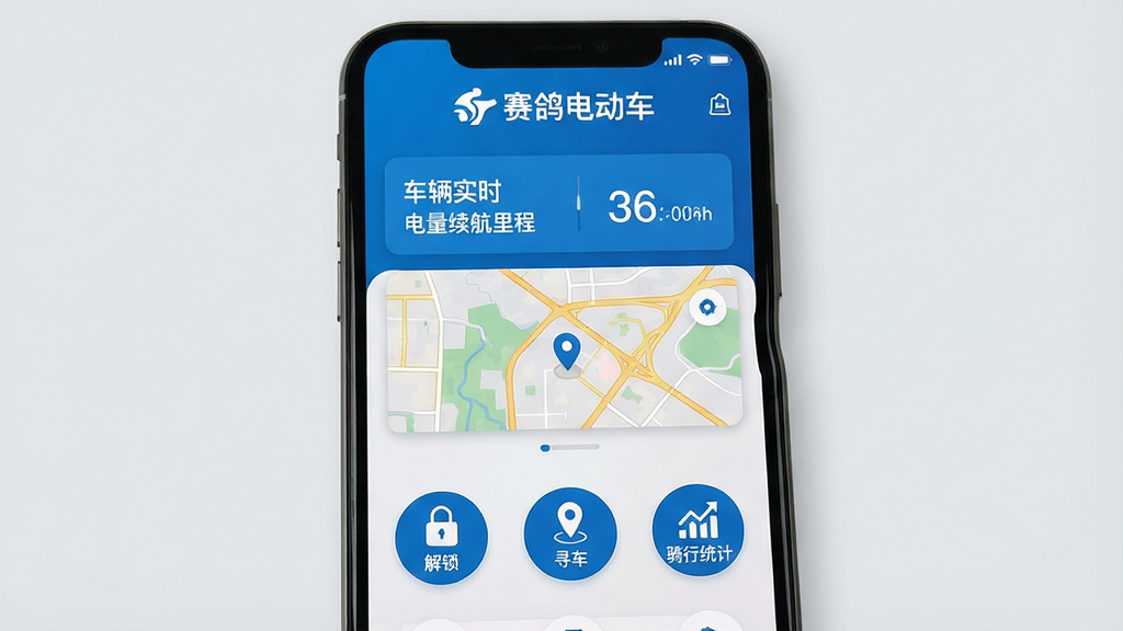 一张智能手机屏幕展示赛鸽电动车APP主界面,界面顶部显示“赛鸽电动车”品牌标识,中间为车辆实时电量、续航里程、定位地图卡片,下方为“解锁”、“寻车”、“骑行统计”三个圆形功能按钮,整体采用蓝色科技风UI设计,扁平化图标,界面干净整洁,背景为浅灰色,画质清晰,无多余元素