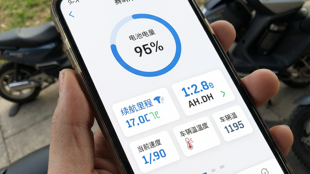 手机屏幕显示赛鸽电动车APP车辆状态页面,顶部为“电池电量”圆形百分比进度环,下方依次为“续航里程”、“当前速度”、“车辆温度”数据卡片,背景为简洁白色,数据以蓝色数字显示,整体界面清爽,画质高清,无多余元素