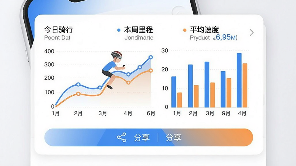 手机APP展示骑行数据统计页面,折线图与柱状图结合,显示“今日骑行”、“本周里程”、“平均速度”等数据,图表配色为蓝色与橙色,背景为白色卡片,下方有“分享”按钮,整体风格现代简约,画质清晰,无多余元素