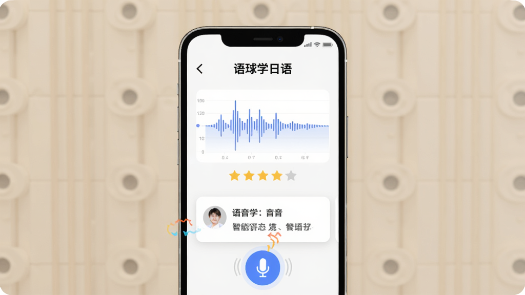 语球学日语智能语音评测功能预览图,主体为手机屏幕展示发音练习界面,屏幕上有“语球学日语”字样、波形图、评分星星和发音提示卡片,布局居中,排版清爽,风格现代简约,细节突出麦克风图标和实时反馈动画,画质清晰,干净无多余元素