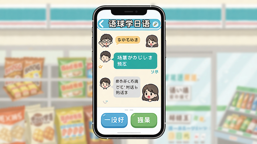 语球学日语场景化对话功能预览图,主体为手机界面显示便利店购物对话场景,包含“语球学日语”字样、角色头像、对话气泡和选项按钮,布局生动活泼,排版有序,风格卡通插画风,细节突出场景物品和人物表情,画质干净,无多余元素