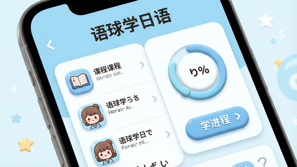 一张展示语球学日语应用界面全貌的预览图,主体为智能手机屏幕特写,屏幕上清晰显示应用主界面,包含“语球学日语”字样、课程列表、学习进度环和可爱的日语角色图标,布局简洁明快,排版以浅蓝色和白色为主色调,风格清新卡通,细节展现图标圆润、按钮立体感,画质高清细腻,干净无多余元素