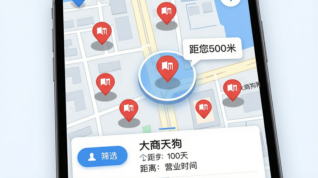 主体:一幅手机地图界面,地图上显示多个大商天狗门店图标,其中一个门店图标被高亮放大,旁边弹出“距您500米”的气泡提示。布局:手机地图占据画面中央,底部有门店信息卡片,左侧有筛选按钮。排版:地图清晰,门店图标用红色标记,信息卡片简洁明了。风格:写实与扁平结合,色彩以蓝白为主,突出科技感和实用性。细节:地图道路清晰,门店图标有阴影效果,信息卡片显示门店名称、距离和营业时间。画质:高清渲染,干净,无多余元素。