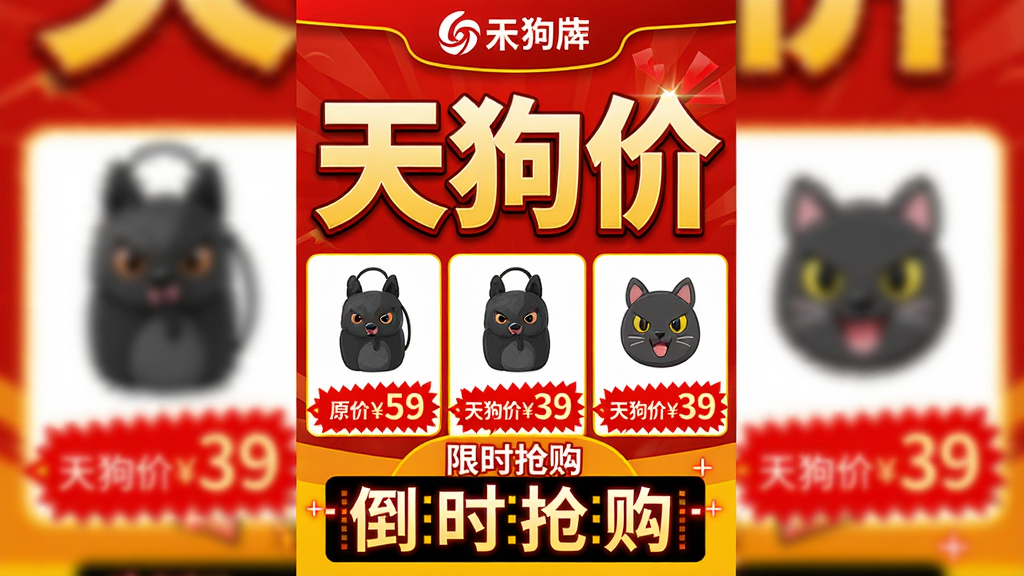 主体:一张电商促销海报,海报中央是“天狗价”三个大字,下方排列着几款特价商品,每款商品下方都有红色价格标签,如“原价59,天狗价39”。布局:海报为竖版,顶部是品牌Logo,中间是商品图片,底部是“限时抢购”倒计时。排版:商品整齐排列,价格标签醒目,倒计时数字巨大。风格:促销风格,色彩鲜艳,红色和黄色为主,营造紧迫感。细节:商品图片高清,价格标签有锯齿边,倒计时数字有闪烁效果。画质:高清,干净,无多余元素。