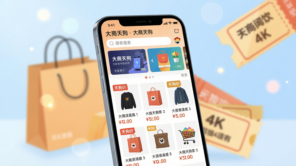 主体:一部亮屏的智能手机,屏幕中显示“大商天狗”App购物界面,界面顶部有搜索栏和轮播图,下方是商品列表和“天狗价”标签。布局:手机居中,背景为柔和的浅蓝色渐变,手机略微倾斜,侧后方有虚化的购物袋和优惠券元素。排版:画面干净,手机屏幕内容清晰可辨,周围留白充足。风格:现代扁平化设计风格,色彩明亮清新,符合电商App气质。细节:屏幕中商品图片清晰,价格标签醒目,背景光斑柔和。画质:4K高清,干净,无多余元素。
