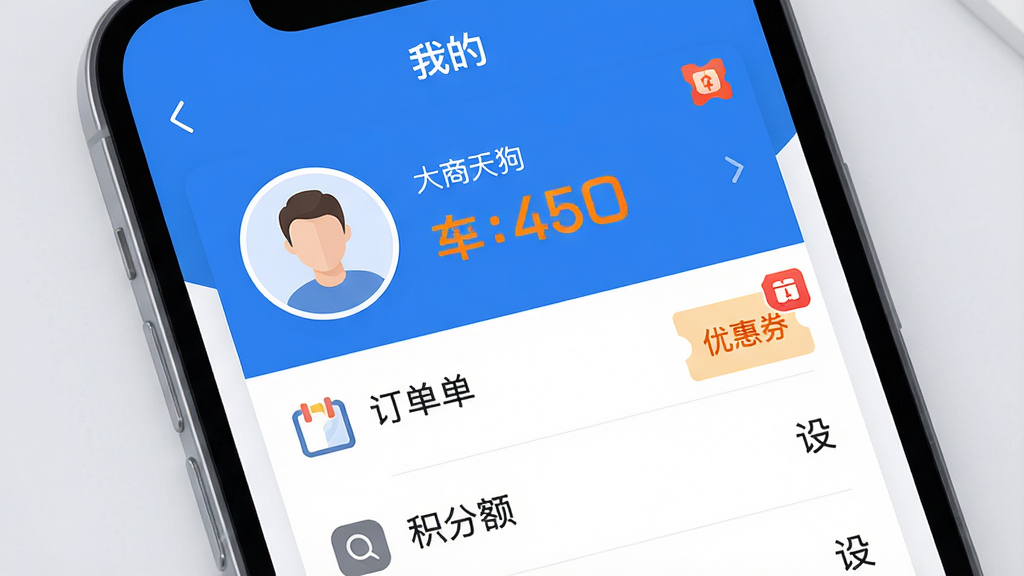 主体:一部手机屏幕显示“大商天狗”App的“我的”页面,页面中有个人头像、订单列表、优惠券图标、积分余额和设置选项。布局:手机屏幕占据画面主体,周围有浅灰色背景,屏幕上方有“我的”标题栏。排版:列表项清晰排列,每个图标下方有文字标签,头像和积分余额突出显示。风格:扁平化UI设计,色彩以蓝白为主,简洁明亮。细节:头像有默认人像,积分余额用橙色数字,优惠券图标有红色角标。画质:高清渲染,干净,无多余元素。