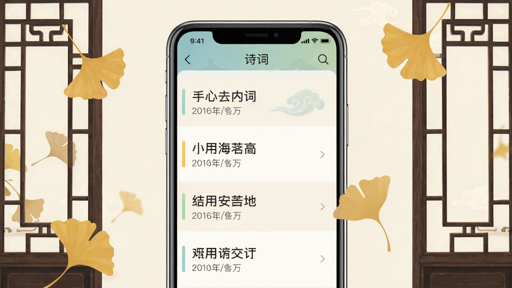 主体为手机屏幕展示诗学APP的诗词列表界面,屏幕中显示多首诗词标题与作者名,布局以手机居中,周围有飘落的银杏叶和古典窗棂装饰,排版清晰直观,风格为现代扁平化结合中国风元素,细节包括列表字体清晰、界面配色淡雅,画质干净,无多余元素。