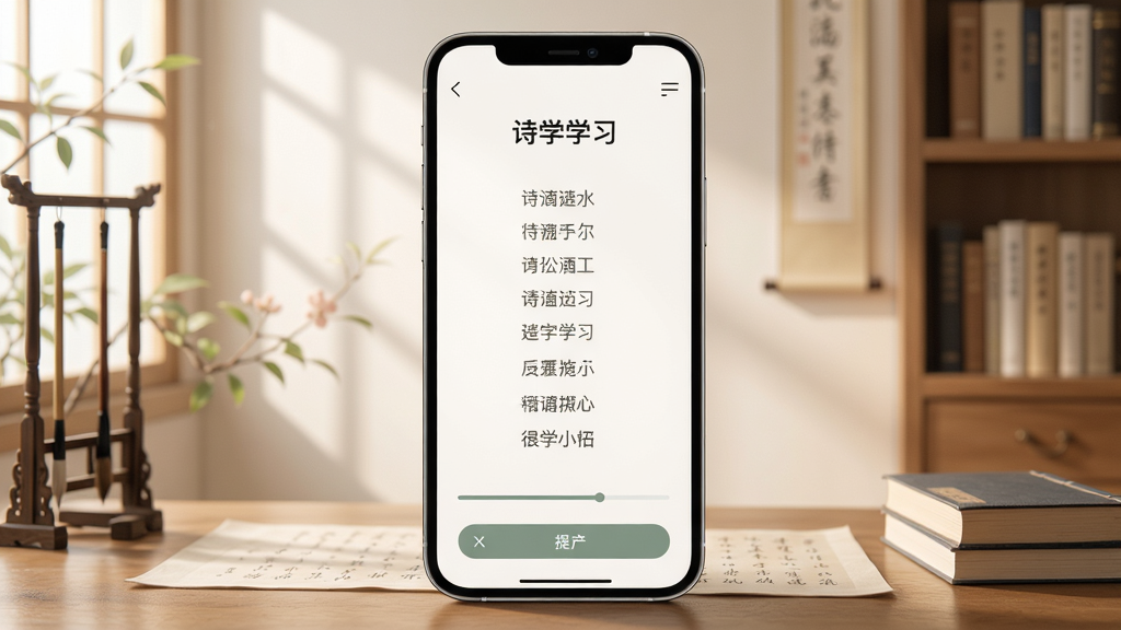 主体为诗学APP的背诵学习界面,屏幕上方显示一首诗的题目,下方为逐句出现的诗句,布局以手机界面为主体,背景是淡雅的书房场景,排版简洁,风格清新,细节包括进度条、提示按钮、柔和的光线,画质高清,干净无多余元素。