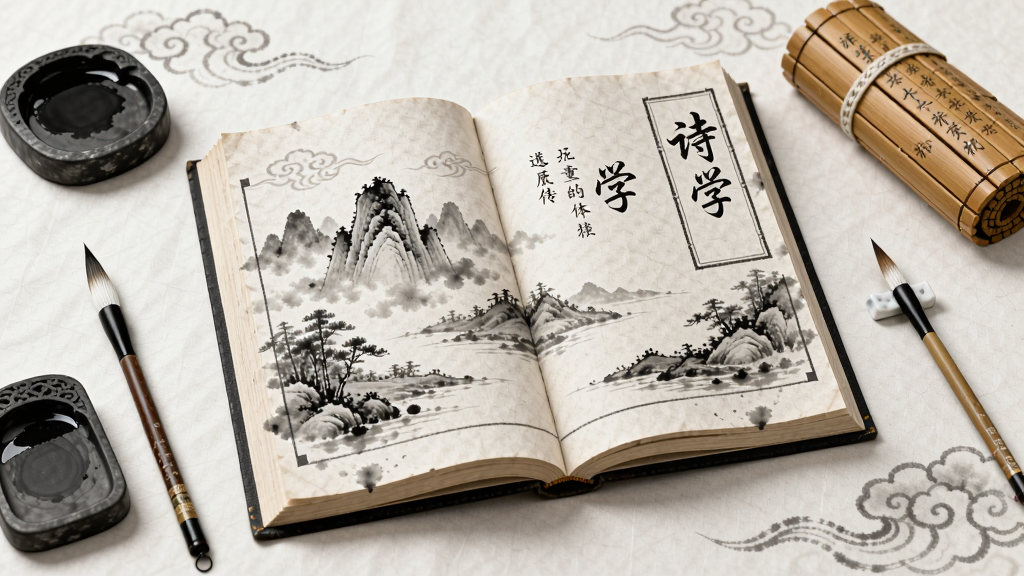 主体为一部打开的古典书籍,书页上浮现山水墨画与诗词文字“诗学”,整体布局以书籍为中心,周围环绕着毛笔、砚台、竹简等元素,排版疏朗雅致,风格为中国传统水墨画风,细节包括宣纸纹理、墨迹晕染、淡淡云纹,画质高清,画面干净,无多余元素。