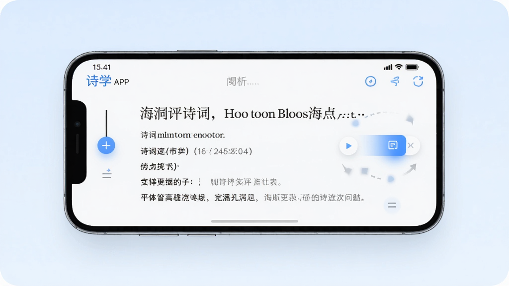 主体为手机横屏展示诗学APP的阅读界面,屏幕中显示一篇诗词及赏析文字,布局以手机为中心,背景为淡蓝色渐变,排版简洁清晰,风格现代,细节包括字体大小可调、翻页动画流畅,画质高清,干净无多余元素。