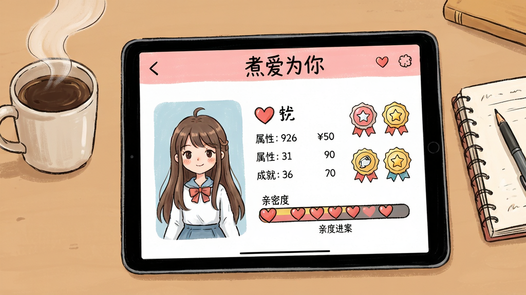 主体:一个展示“煮爱为你”角色养成进度界面的平板电脑,屏幕上显示角色档案和亲密度进度条。布局:平板置于书桌上,旁边有一杯冒着热气的咖啡和一本笔记本。排版:界面左侧为角色立绘,右侧为属性数值与成就徽章。风格:清新手绘风,色彩明快。细节:屏幕顶部有“煮爱为你”字样,进度条呈现爱心形状填充。画质:清晰细腻,干净,无多余元素。
