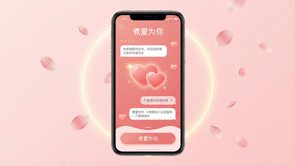 主体:一款名为“煮爱为你”的手机应用界面,屏幕中展示温馨的粉色系聊天背景和两颗重叠的爱心图标。布局:手机居中,屏幕内容清晰可见,周围环绕柔和的光晕和飘落的花瓣。排版:界面简洁,对话气泡与功能按钮排列有序。风格:现代扁平化结合微拟物,色彩柔和温暖。细节:屏幕上有“煮爱为你”字样,爱心图标带有发光效果。画质:4K高清,干净,无多余元素。