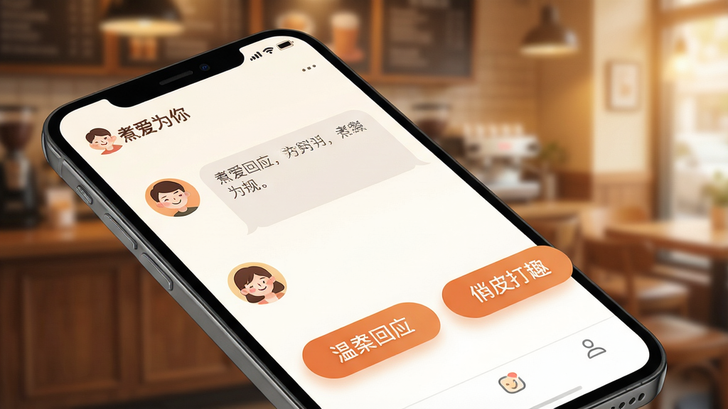 主体:手机屏幕上显示“煮爱为你”应用内的对话选择界面,两个选项按钮悬浮在屏幕下方。布局:手机斜放,背景是模糊的暖色调咖啡馆。排版:对话气泡与选项按钮清晰可见,按钮上写着“温柔回应”和“俏皮打趣”。风格:写实与插画结合,色调温馨。细节:屏幕左上角显示“煮爱为你”的logo,角色头像带有微笑表情。画质:高分辨率,干净,无多余元素。