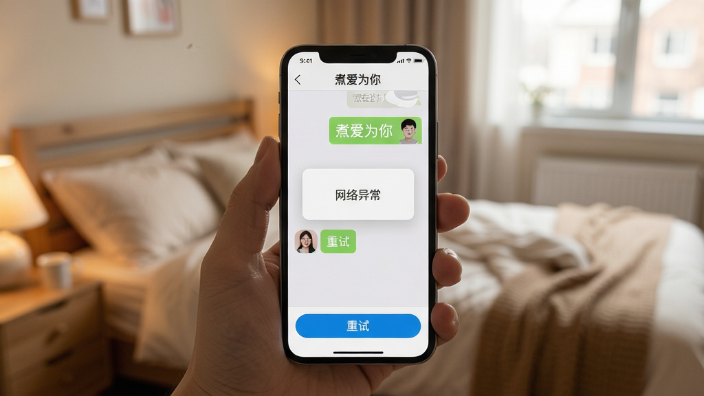 主体:一只手拿着手机,屏幕显示“煮爱为你”的运行界面,背景是温馨的卧室。布局:手机位于画面中心,屏幕清晰展示聊天界面。排版:界面中出现“网络异常”提示框,但整体界面整洁。风格:生活写实风,光线柔和。细节:屏幕上方显示“煮爱为你”字样,下方有“重试”按钮。画质:真实清晰,干净,无多余元素。