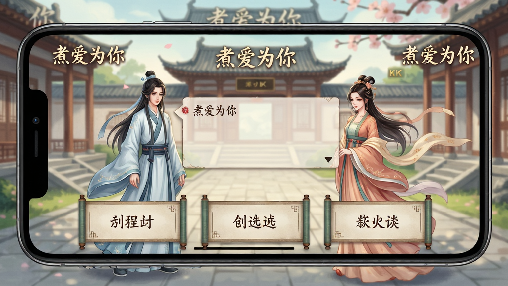 主体:手机横屏展示“煮爱为你”的剧情选择界面,背景为古风庭院,角色身着汉服。布局:画面中央是角色对话,底部有三个剧情走向选项。排版:古风UI界面,选项以卷轴样式呈现。风格:唯美古风插画,色彩典雅。细节:屏幕上有“煮爱为你”的水印字样,角色衣袂飘飘。画质:8K超清,干净,无多余元素。