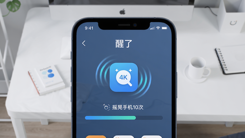 主体:手机屏幕特写,显示“醒了”应用的防赖床任务界面;布局:手机居中,背景为简洁桌面;排版:屏幕上有“摇晃手机10次”与进度条;风格:现代简洁;细节:任务图标清晰,有动态效果;画质:4K,干净,无多余元素
