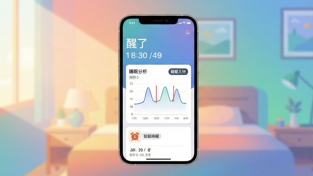 主体:手机屏幕展示「醒了」应用界面,界面显示睡眠分析图表与闹钟设置;布局:手机居中,背景为渐变色卧室场景,左侧有柔和阳光;排版:界面元素清晰,包含“醒了”字样与时间显示;风格:清新简约,扁平化设计;细节:屏幕中显示睡眠周期曲线,闹钟图标旁有“智能唤醒”标签;画质:8K超清,干净,无多余元素