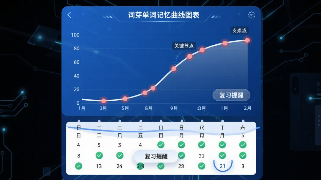 主体:词芽单词记忆曲线图表,展示遗忘曲线与复习点。布局:曲线图居中,下方有日历打卡标记。排版:图表数据清晰,标注“复习提醒”按钮。风格:简约科技风,蓝白配色。细节:曲线上有红色圆点标注关键复习节点,日历上有绿色对勾。画质:高清晰度,干净无多余元素。