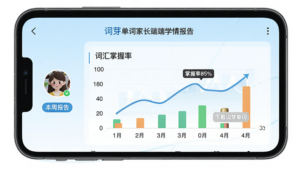 主体:词芽单词家长端学情报告界面,手机屏幕显示折线图和词汇掌握率。布局:手机居中,左侧有家长头像和“本周报告”标签。排版:数据图表简洁,彩色柱状图展示。风格:商务清新风,浅蓝主色。细节:图表标注“掌握率85%”,有“下载词芽单词”字样。画质:清晰干净,无多余元素。