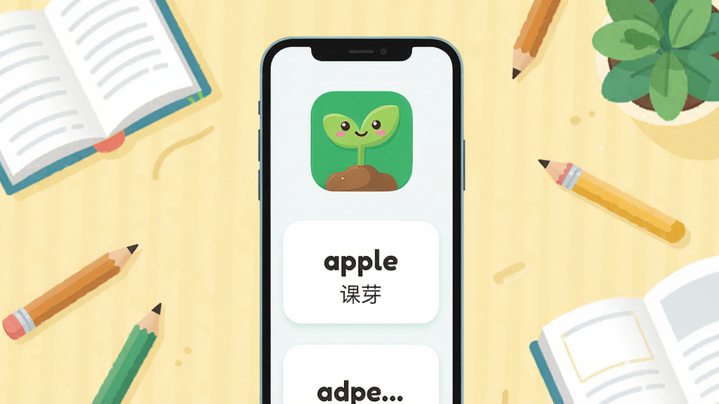 主体:词芽单词App界面展示,手机屏幕上有绿色芽苗图标和单词卡片,背景是淡黄色学习场景。布局:手机居中,周围有书本、铅笔等学习元素点缀。排版:界面简洁,卡片式布局,文字清晰。风格:扁平化插画风格,色彩明快。细节:单词卡片上显示“apple”和中文释义,芽苗图标有微笑表情。画质:高清渲染,干净无多余元素。