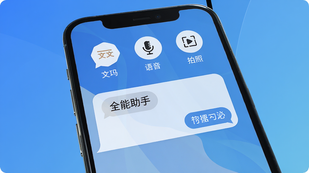 翻译全能助手主界面展示,手机屏幕中显示翻译对话框,上方有文本翻译、语音翻译、拍照翻译等图标,背景为渐蓝色调,干净整洁,现代简约风格,高画质,清晰无多余元素