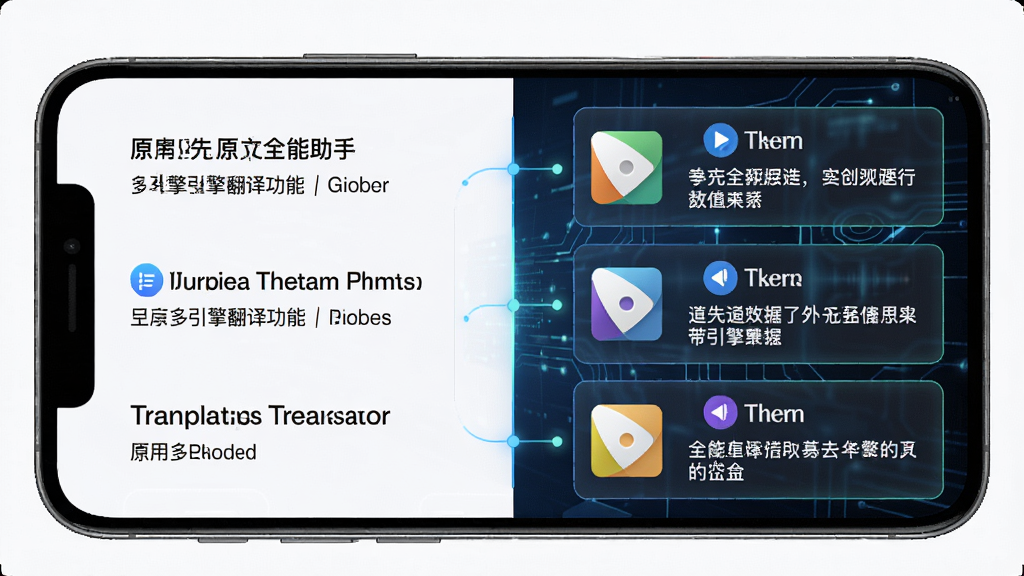 翻译全能助手多引擎翻译功能示意图,手机界面显示多个翻译引擎对比结果,左侧为原文,右侧为不同引擎的译文,采用分栏布局,色彩鲜明,科技感风格,画质高,干净无多余元素