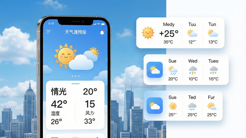 主体:智能手机屏幕展示天气通预报应用界面,界面显示当日晴朗天气、温度、湿度、风力等核心数据,背景为蓝天白云的城市天际线。布局:手机位于画面中央偏左,右侧留白区域以浮动卡片形式展示未来几天的天气预报摘要。排版:界面简洁清晰,数据采用大字号突出显示,图标设计现代圆润。风格:写实与扁平化结合,色彩明快清新,突出科技感与实用性。细节:屏幕内可见应用名称“天气通预报”,并伴有阳光、云朵等天气图形元素;整体光线明亮,投影柔和。画质:高清渲染,画面干净,无多余元素。