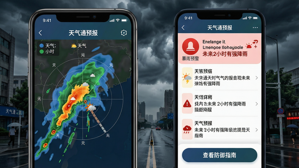 主体:天气通预报应用在暴雨来临前的预警界面特写,屏幕显示红色暴雨预警图标与“未来2小时有强降雨”提醒文字,背景是乌云密布的城市街道。布局:手机全屏展示,左侧为天气雷达图动画,右侧为预警详情列表。排版:预警信息采用醒目配色与加粗字体,底部有“查看防御指南”按钮。风格:写实风格结合UI设计,色彩对比强烈,突出紧急感。细节:屏幕顶部状态栏显示“天气通预报”字样,雷达图上有雨带移动轨迹,预警文字清晰可读。画质:高清晰度,画面干净,无多余元素。