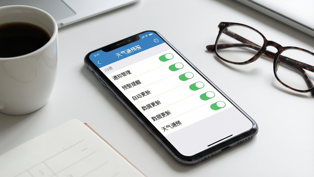 主体:一部手机正在运行天气通预报应用,屏幕显示设置界面,包含“通知管理”、“数据更新”等选项,旁边有一杯咖啡和眼镜,暗示用户正在阅读使用指南。布局:手机斜放在桌面,屏幕内容清晰可见,背景为简洁的办公桌。排版:设置页以列表形式呈现,开关按钮为绿色。风格:写实摄影风格,光线柔和,细节丰富。细节:屏幕上有“天气通预报”字样,列表项有“预警提醒”、“自动更新”等。画质:高清,干净,无多余元素。