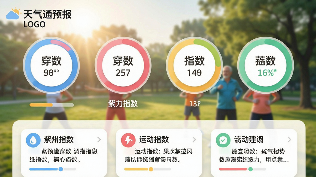 主体:天气通预报应用的生活指数页面截图,以彩色环形图标展示穿衣指数、紫外线指数、运动指数等,背景为公园晨练的场景。布局:页面分为上下两区,上区为指数总览,下区为详细建议文字。排版:图标圆润可爱,颜色鲜艳,文字建议以卡片形式呈现。风格:清新扁平化风格,背景虚化处理,突出前景内容。细节:页面左上角有“天气通预报”LOGO,指数数值以进度条形式表现。画质:画面细腻,干净整洁,无多余元素。