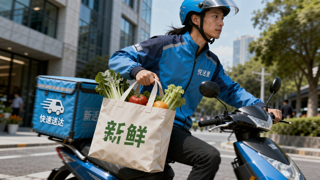 一张展示骑手正在配送的图片,主体是穿着“悦活里”工作服的骑手,手持装有生鲜商品的环保袋,背景是城市街道,画面动感十足,突出“快速送达”和“新鲜”概念。布局以骑手为中心,旁边有模糊的楼宇和绿植,风格写实明亮,细节丰富,画质高清,干净无多余元素。