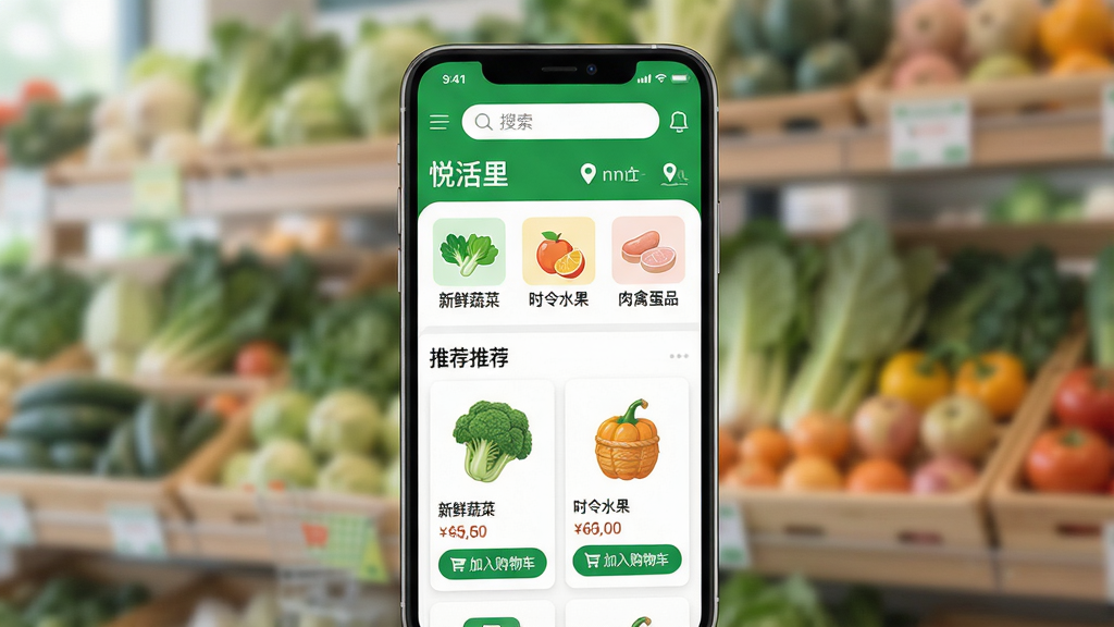 一张现代简约风格的手机购物界面展示图,主体是“悦活里”APP的首页,顶部有搜索栏和定位信息,中间是分类图标如“新鲜蔬菜”、“时令水果”、“肉禽蛋品”,下方是推荐商品卡片,配有价格和“加入购物车”按钮。整体布局清晰,色彩明快以绿色和白色为主,渲染出清新、干净、高效的购物氛围,高清画质,无多余元素。