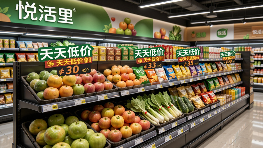 一张超市货架陈列的图片,主体是“悦活里”实体店内整齐摆放的各类商品,包括新鲜水果、蔬菜、零食等,货架上有醒目的价格标签,显示“天天低价”字样。布局采用透视角度,突出商品丰富和整洁,风格明亮清晰,细节到位,画质高清,无多余元素。