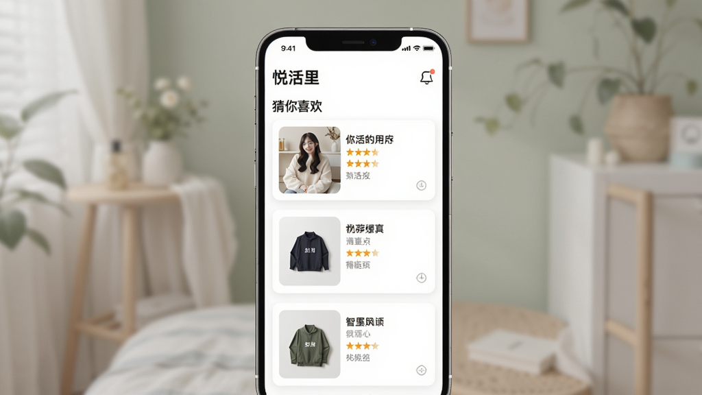 一张手机屏幕显示个性化推荐界面的图片,主体是“悦活里”APP的“猜你喜欢”栏目,展示根据用户偏好推荐的商品列表,每个商品卡片带有图片、名称和评分。布局以列表形式呈现,背景柔和,风格简洁现代,突出智能推荐功能,画质高清,干净无多余元素。
