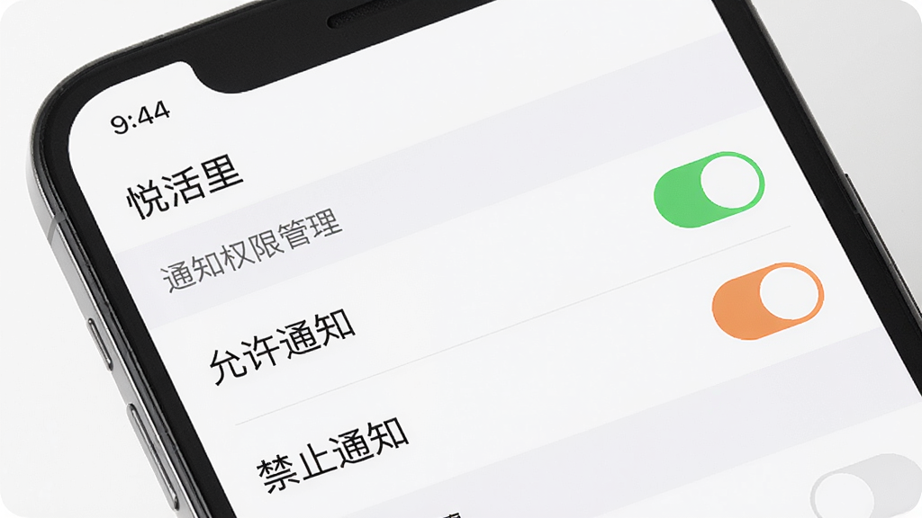 一张显示手机设置界面的图片,主体是“悦活里”APP的通知权限管理页面,开关列表清晰可见,背景为手机系统设置样式,布局简洁,风格清爽,突出“允许通知”和“禁止通知”的选项,画质高清,干净无多余元素。