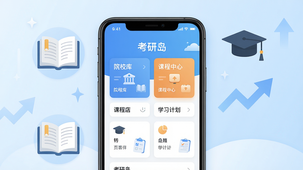 考研岛主视觉图,画面中央为现代简约风格的手机界面,屏幕显示“考研岛”应用首页,包含院校库、课程中心、学习计划等模块,背景为淡蓝色渐变,搭配书本、学士帽、上升箭头等扁平化图标,整体布局干净整洁,风格清新明亮,细节丰富,高分辨率,干净无多余元素