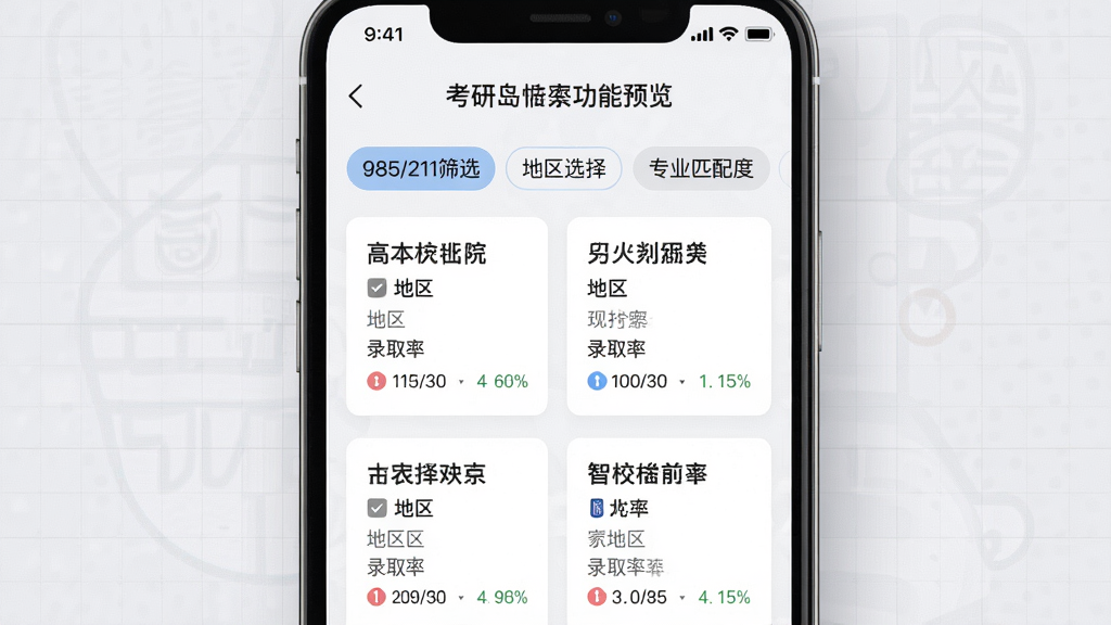 考研岛智能择校功能预览图,展示手机端院校列表页面,屏幕上有“985/211筛选”、“地区选择”、“专业匹配度”等标签,下方显示多所大学卡片,每张卡片包含校名、地区、录取率数据,背景为浅灰色网格,整体风格商务简洁,排版清晰,画质细腻,干净无多余元素
