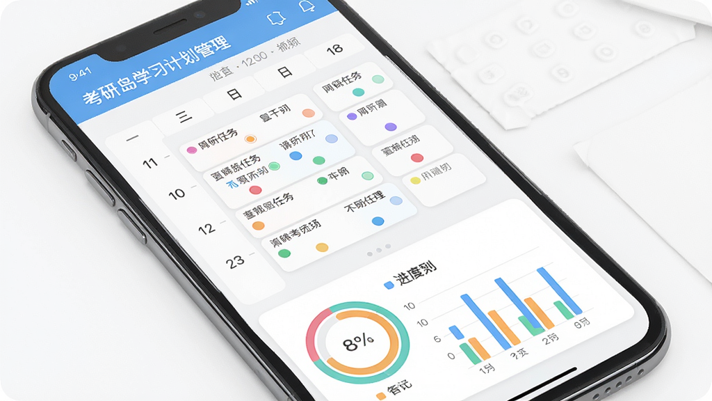 考研岛学习计划管理界面,展示手机端日历视图,每日任务以彩色圆点标记,底部有环形进度图与柱状统计图,整体风格简洁明快,配色清新,布局合理,画质优秀,干净无多余元素