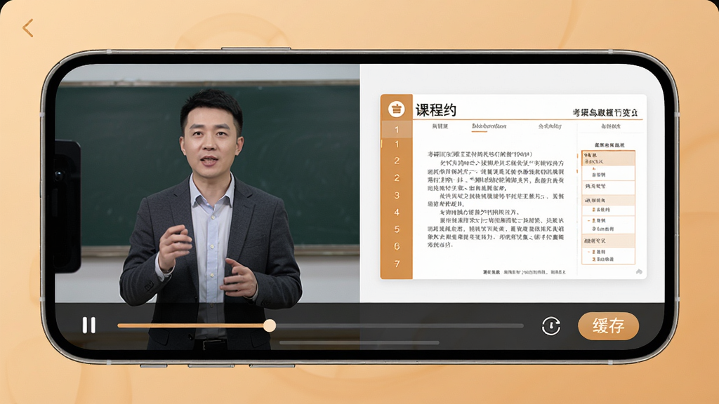 考研岛课程播放界面预览图,画面为手机横屏播放视频,左侧为讲师讲解画面,右侧显示课件PPT,底部有进度条与“缓存”按钮,界面清晰,色调温暖,细节丰富,画质高清,干净无多余元素