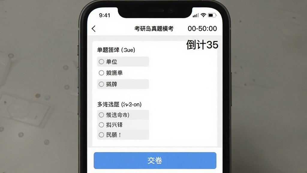 考研岛真题模考界面截图,手机屏幕显示答题卡样式,有单选题、多选题区域,右上角倒计时,底部有“交卷”按钮,背景为白色,界面简洁,字体清晰,风格正式,画质干净,无多余元素